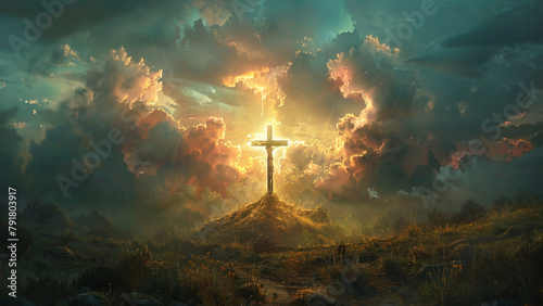 Divine Redemption: Holy Cross Amidst Sky Over Golgotha Hill, Signifying Christ's Sacrifice and Triumph
