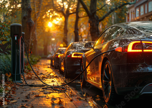 Three electric cars are charged on street at sunset