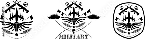 Vektor Set Symbol Silhouette Label - Militär mit Kampfjet, Maschinengewehr, Panzer und Flügeln - Ehre und Stolz - Militär Einsatz - Design Elemente Sammlung