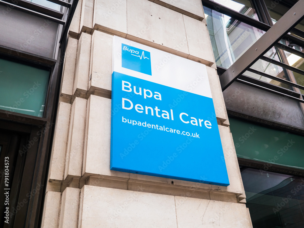 London, UK, April 20th 2024Bupa Dental Care sign at 50 St Mary Axe, London EC3A 8FR. Is in the