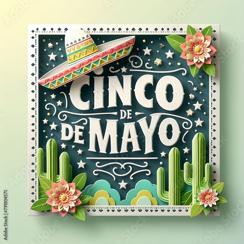 Cinco de Mayo is a holiday in Mexico. 3d illustration of poster template with ornate lettering and cactuses in sombrero, vector design illustration in a papercut style created with generative ai © Chaudhry