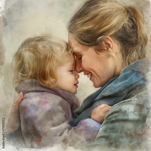 This is a painting of a mother and her child. The mother is smiling and has her hand on the child's shoulder. The child is leaning into the mother and has her hand on the mother's arm. They are standi