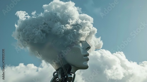 This is a 3D rendering of a woman's head and neck. The woman is looking to the right of the frame. Her head is covered in clouds that extend beyond the frame.  photo
