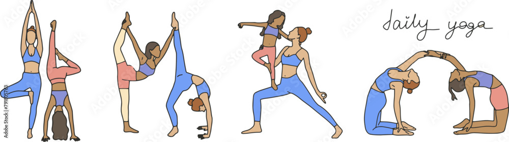 Set of slim sportive young woman doing yoga fitness exercises. Healthy lifestyle