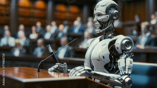 Robotic Lawyer Presenting Futuristic Courtroom Arguments with Digital Technology photo