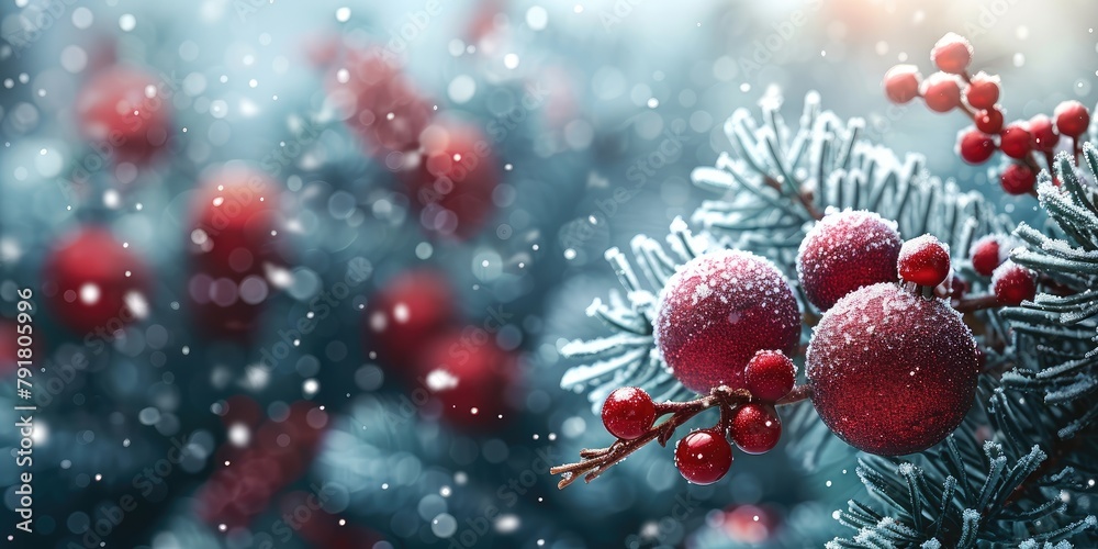 Christmas background with snowflakes, Christmas tree branch and red Christmas tree toys. Red balls on fir branches Christmas background with snowflakes, Christmas tree branch and red Christmas tree toys. Red balls on fir branches