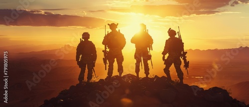 Standing on a hill in the desert in sunset light is a squad of three fully equipped and armed soldiers. photo