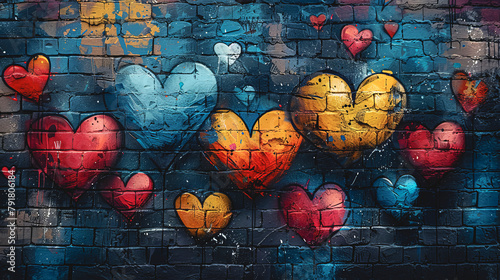 Brick wall with painted hearts in graffiti style. © puhimec