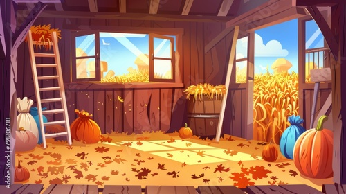 Modern cartoon interior of old wooden shed with haystack on loft, ladder, fork, bags and pumpkin. Country barnhouse for storage harvests. photo
