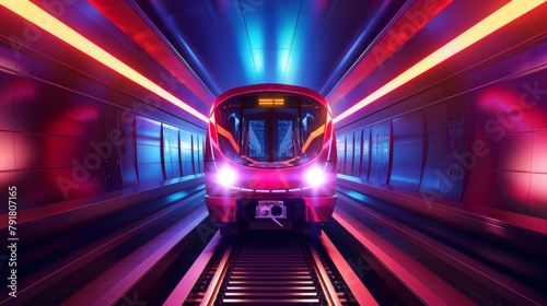 Commuter railway train in a metro tunnel, locomotive on rails with glowing headlights. A realistic 3D modern illustration of an underground train. photo