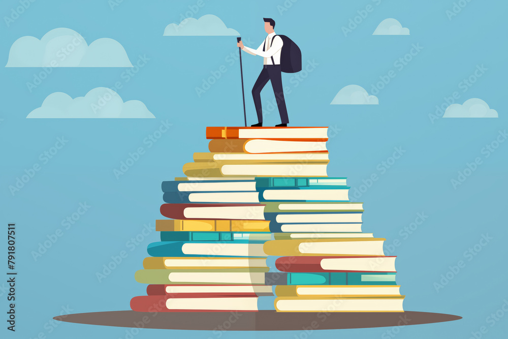 Business graphic vector modern style illustration of a business person on a pile of books representing knowledge, learning, progression or achievement conquering and leadership at work