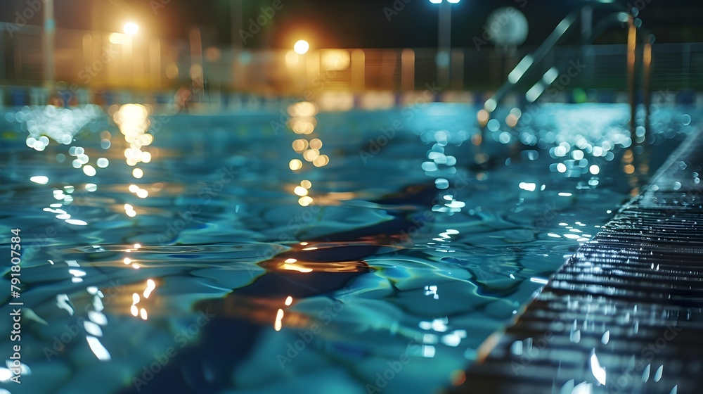 Captivating Nighttime Swimming Pool in Illuminated Stadium with Blurred Lights and Fans
