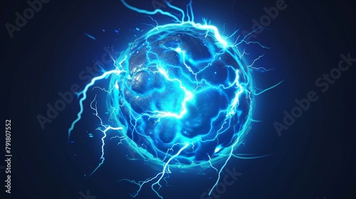 Lightning strike  plasma sphere or magical energy flash in blue color isolated on black background. Powerful electrical discharge  realistic 3D modern illustration.