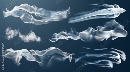 Realistic 3d modern isolated clip art of wind-blown smoke, powder or water drops trail, steaming chemical or cosmetics product vapour, haze, and mist. photo