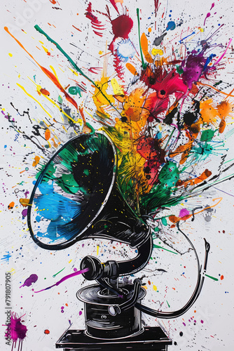 Modern art painting of a gramophone where colorful paints spurt out of the horn, illustration made with Generative Ai