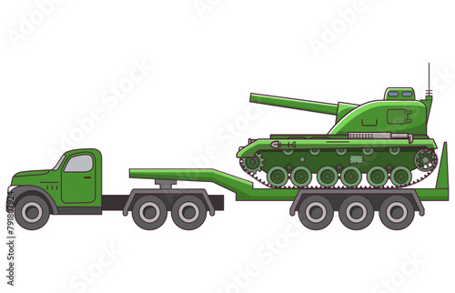 Army tank transporter tractor.Military vehicle with gun. Armored vehicle.Army tank transporter truck Military vehicle with gun. Armored vehicle.Weapons for modern warfare.Military truck.Line art vec