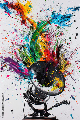 Modern art painting of a gramophone where colorful paints spurt out of the horn, illustration made with Generative Ai