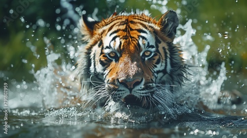 A tiger is walking through a river, with water splashing up around its legs. photo