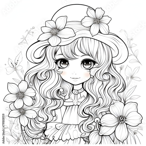girl with flowers coloring page
