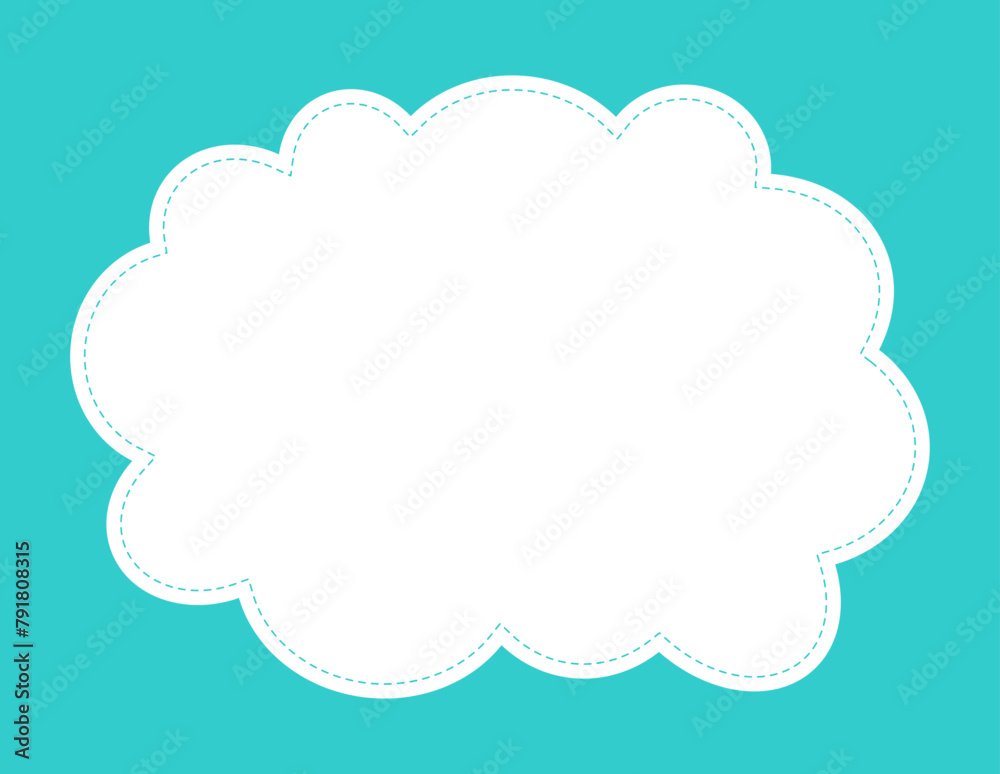 Cartoon frame fun vector background template. Cute cloud border on bright turquoise backdrop. Playful design for children. Bubble frame good for signage, menu, advertisement, kids web design element.
