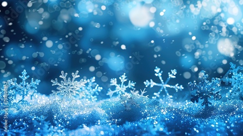 This is a winter scene showing snow covered pine branches on a blue background with falling snow and out of focus lights in the background.