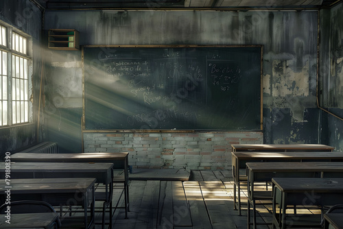 Broken black board. Unhappy student in old classroom include old desks, a dusty blackboard, torn textbooks, and school. © Pattawit