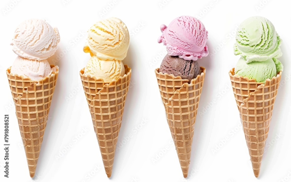 Four delectable ice cream scoops in varying flavors - vanilla, lemon, strawberry, and mint chocolate chip - sit atop golden waffle cones, creating a visually appealing tempting frozen treat display. Four delectable ice cream scoops in varying flavors - vanilla, lemon, strawberry, and mint chocolate chip - sit atop golden waffle cones, creating a visually appealing tempting frozen treat display.