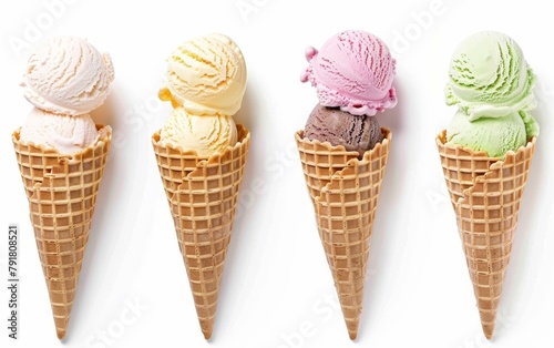 Four delectable ice cream scoops in varying flavors - vanilla, lemon, strawberry, and mint chocolate chip - sit atop golden waffle cones, creating a visually appealing tempting frozen treat display.