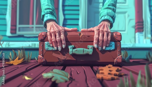 A nostalgic shot of a grandmothers hands gently placing a suitcase on an old wooden porch, the scent of freshly baked cookies wafting through the air