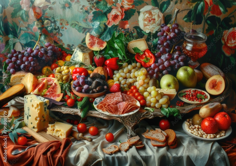 Lavish Gourmet Feast with Exotic Fruits, Artisan Cheeses, and Vintage Backdrop Lavish Gourmet Feast with Exotic Fruits, Artisan Cheeses, and Vintage Backdrop