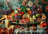 Lavish Gourmet Feast with Exotic Fruits, Artisan Cheeses, and Vintage Backdrop