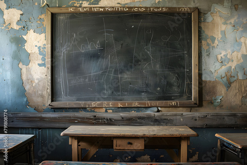 Uneducated and poor student on closed school. Broken black board. Unhappy student in old classroom include old desks, a dusty blackboard, torn textbooks, and school.