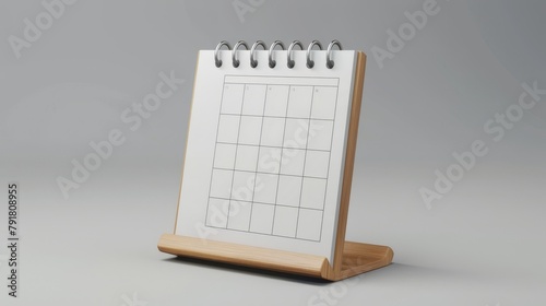A mockup of a calendar on a wooden base, a loose-leaf almanac with blank pages and a binder, and a desktop paper calendar with a front and back view. A realistic 3D modern illustration that shows the