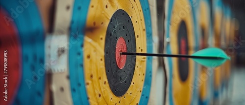 A dart pierces the red bullseye on a bright, multicolored dartboard, with blurred dartboards in the background. photo