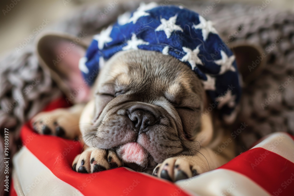 Cute sleeping French Bulldog puppy in USA flag colors hat. American national holidays celebration. Dog patriotic outfit