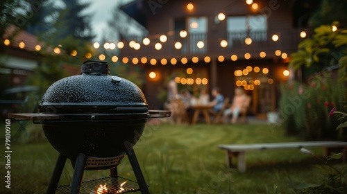 Charming summer barbecue evening with six friends enjoying dinner under warm string lights in cozy backyard. Copy space.