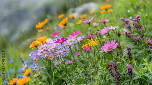 Vibrant wildflower meadow with mix of purple, yellow, and pink blooms in lush green setting, suggesting spring rebirth or a nature retreat.