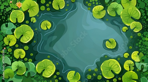 The top of a swamp or lake with nenuphars, blue water lilies or a swamp with lotus leaves. Wild pond with duckweed plants and green water lilies in a cartoon modern illustration.