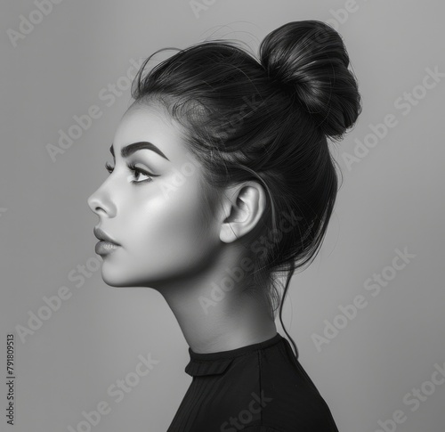 Monochrome Elegance: Profile of a Young Woman with a Stylish Bun