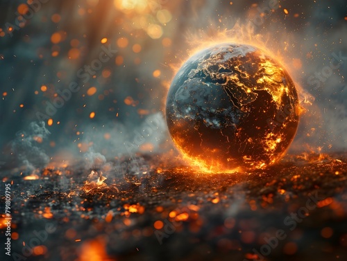 Earth Globe Collapse in Blazing Fire - Conceptual of Global Warming and Environmental Crisis