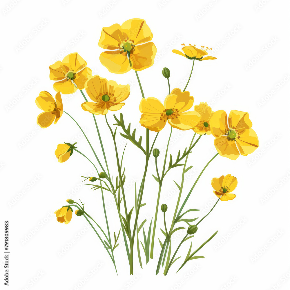 Digital illustration of bright yellow wildflowers with lush green stems on a white background.