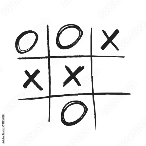 Tic Tac Toe Xo Game, Hand Drawn Doodle Grid Template With X And O Symbols Isolated On White Background