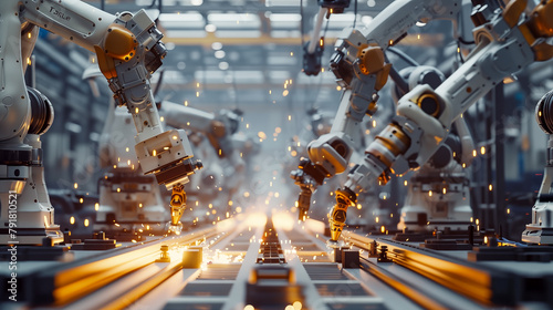 industrial robotic arms over an assembly line in a factory setting photo