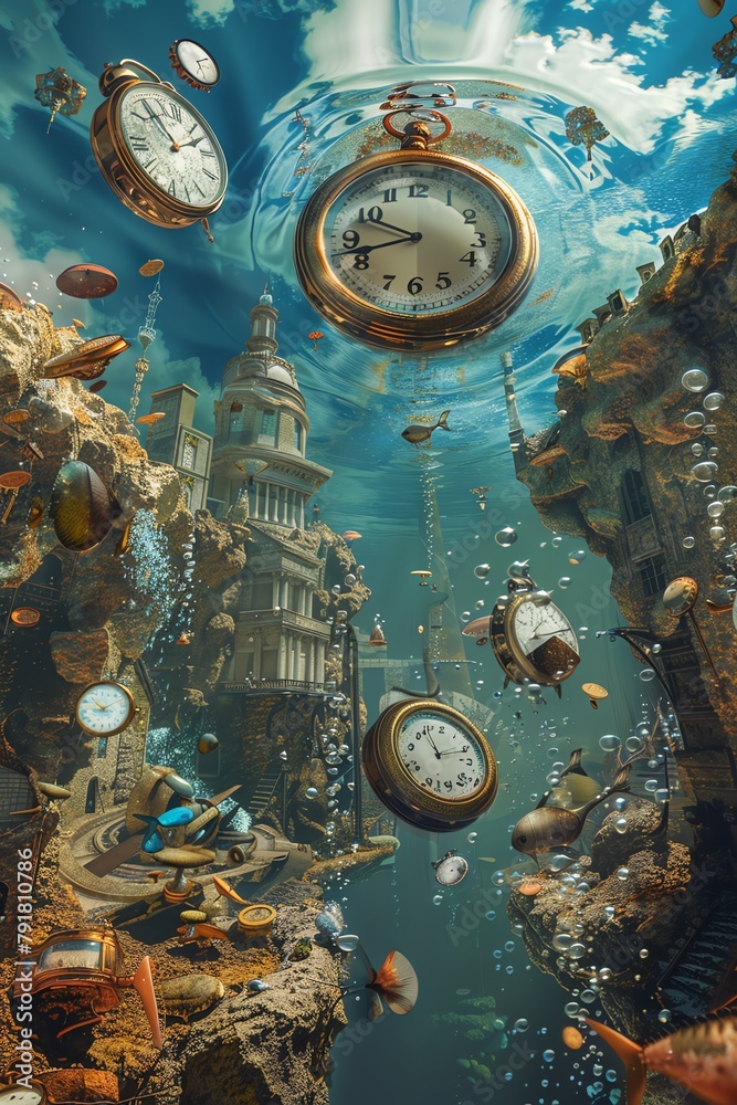 Transport viewers to the dreamlike world of Surrealism with a panoramic scene of melting clocks and floating objects, blended seamlessly into a whimsical underwater landscape Experiment with a surpris