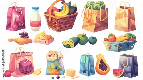 A modern cartoon set of paper and cotton bags filled with fruits  vegetables  milk  and breads. An eco-friendly way to deliver goods from the market.