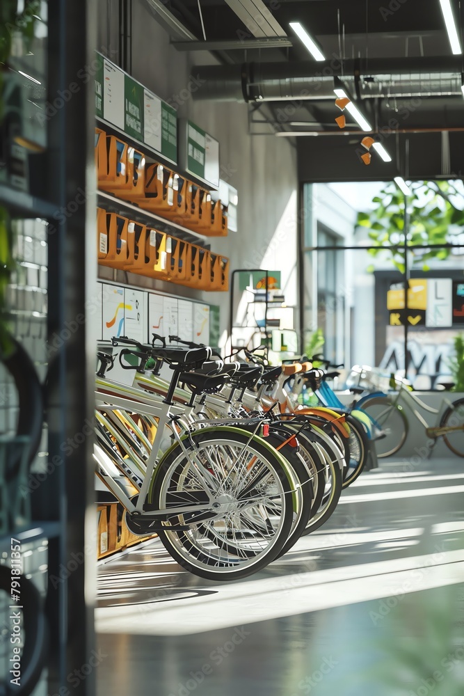 Bike storage at office, neat arrangement, clear signage, ambient lighting, high contrast, vivid colors, detailed illustration, cinematic, 3D rendering, hyper realistic, high resolution, high detail, h