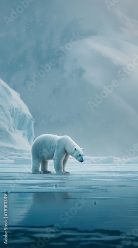 A solitary polar bear stands on a thin layer of ice surrounded by cold Arctic waters  highlighting climate change issues