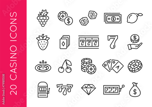 Casino icons. Set of 20 trendy minimal casino icons including Slot Machine, Dice, Cards, and Chips icon. Design elements for web page, mobile app, and gaming interface design. Vector illustration.