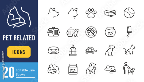 Set of Pet Related Vector Line Icons. Contains such Icons as Collar, Toys, Pet Food and more. Editable Stroke.