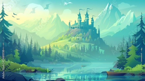 Fantasy castle on rock at dawn. Modern cartoon mountain landscape with towering royal palace, forest, fog, and boat. Medieval castle on cliff illustration.